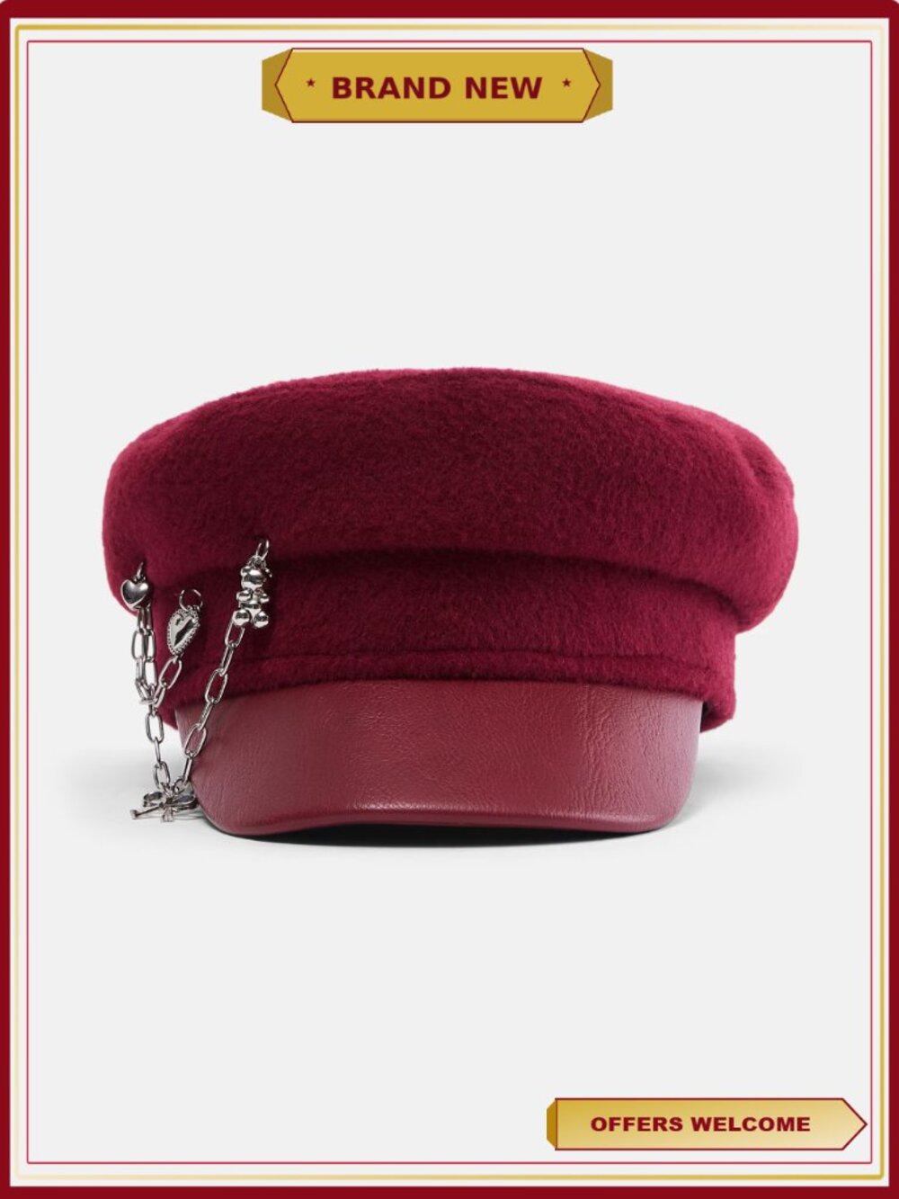 Felt Cabbie Hat with Chain Accents Ties Adjustable Fit